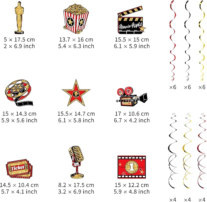 48CT Movie Night Hanging Swirls Decorations Red Gold and Black