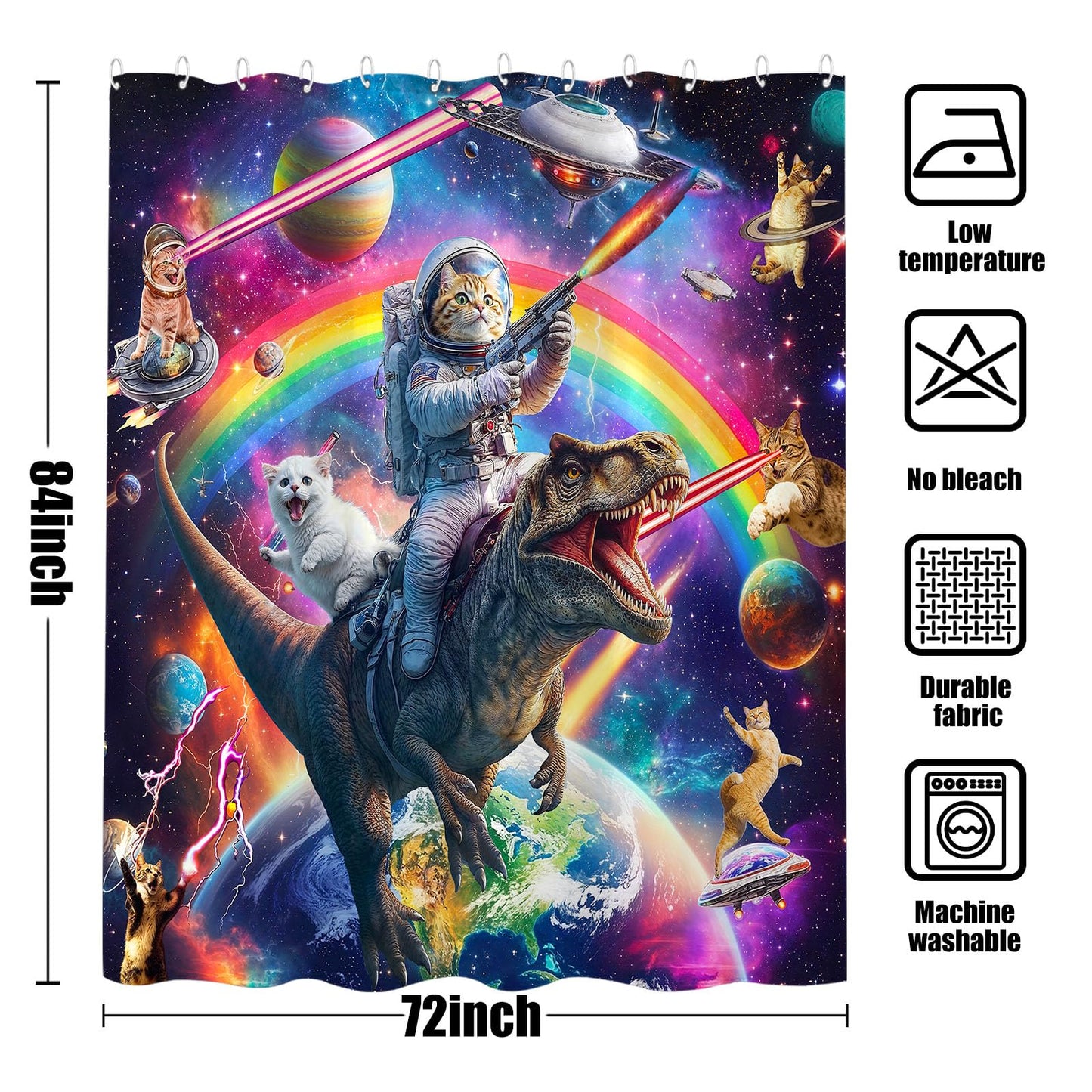 84 Inch Extra Long Funny Cat Dinosaur Shower Curtain Fun Cool Colorful