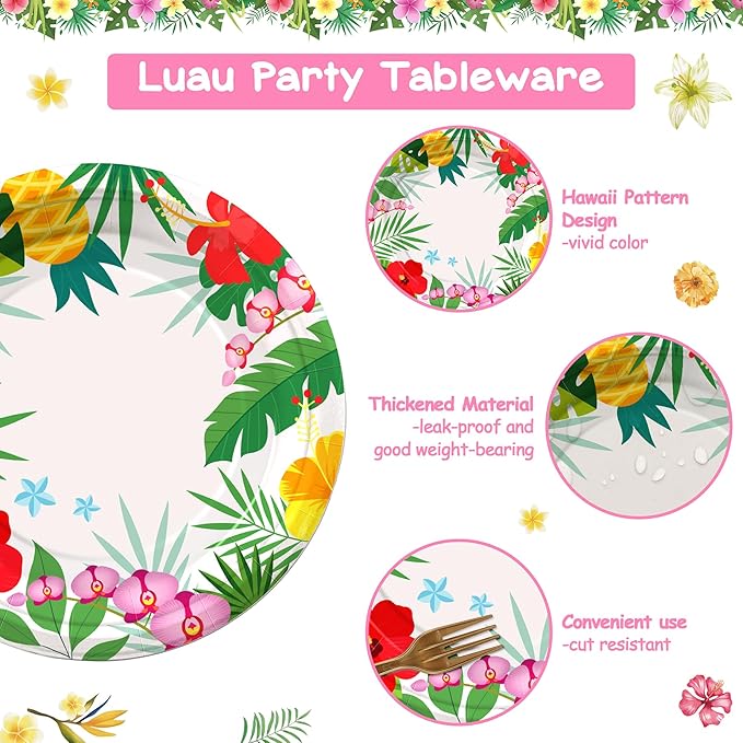 Pink Tropical Luau Party Tableware Supplies 168PCS Hawaiian Plates