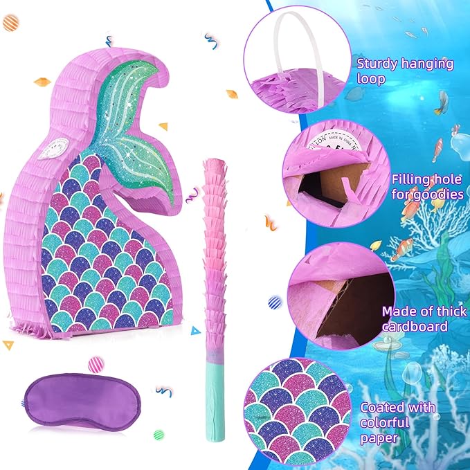 Mermaid Tail Pinata with Pinata Stick & Blindfold for Girls Mermaid