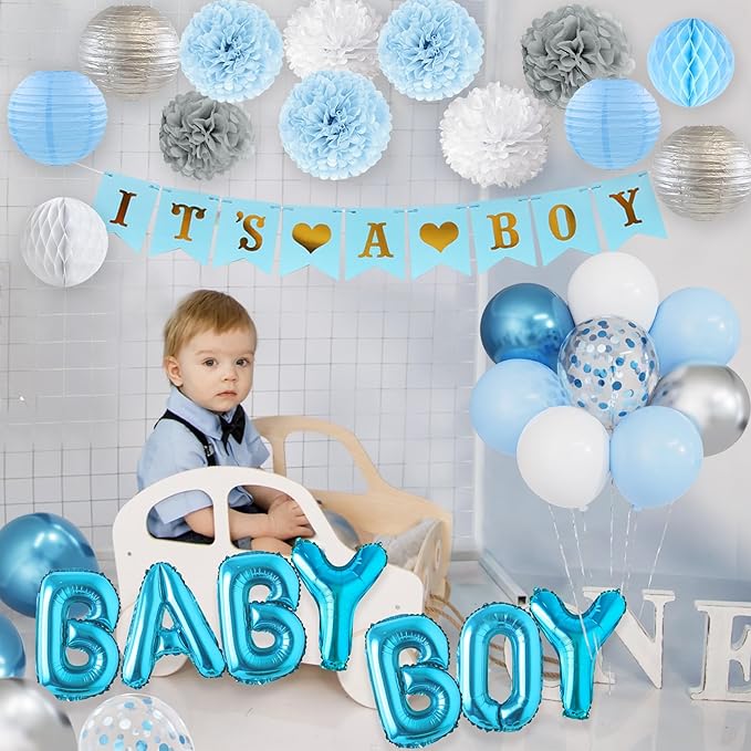 Ouddy Party Blue Baby Shower Decorations with Its a Boy Banner Baby