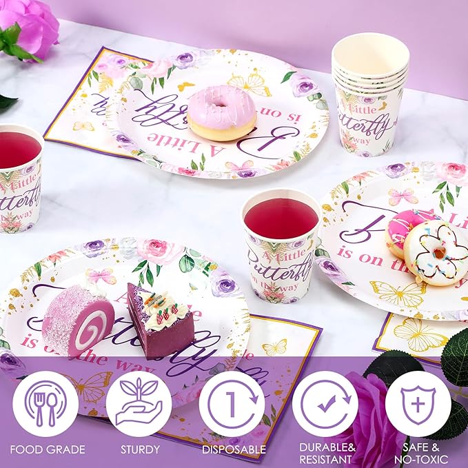 200 Pcs Butterfly Baby Shower Paper Plates Napkins Cups Girl Shower