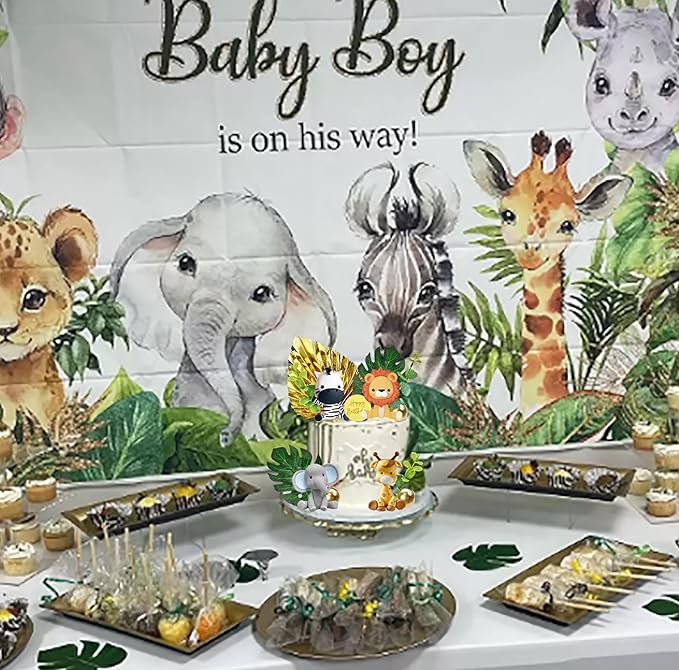 Jungle Safari Animal Cake Topper with Lion Giraffe Monkey Elephant