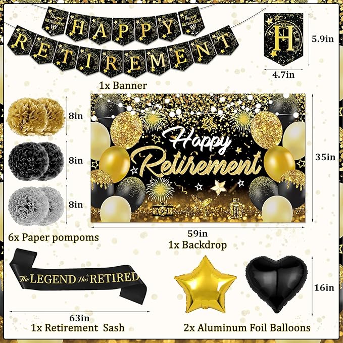 Happy Retirement Party Decorations for Men and Women Black and Gold