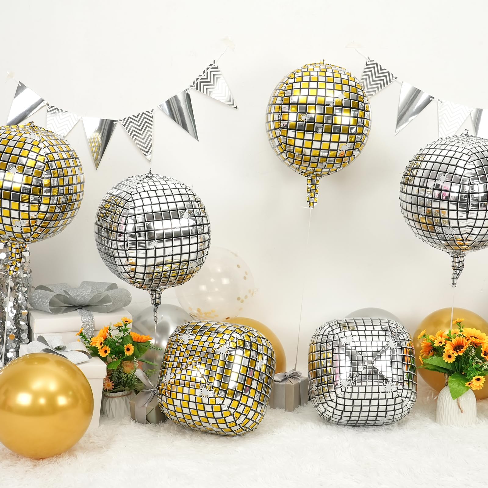 Disco Ball Balloons Gold Silve 4PC,Foil Disco Balloons 22 Inch 4D