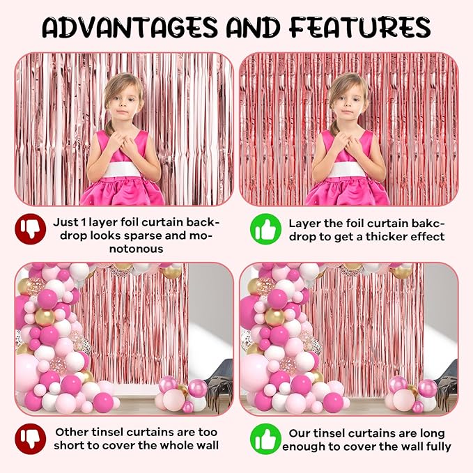 Voircoloria 2 Pack Rose Gold Foil Fringe Backdrop Curtains, Tinsel