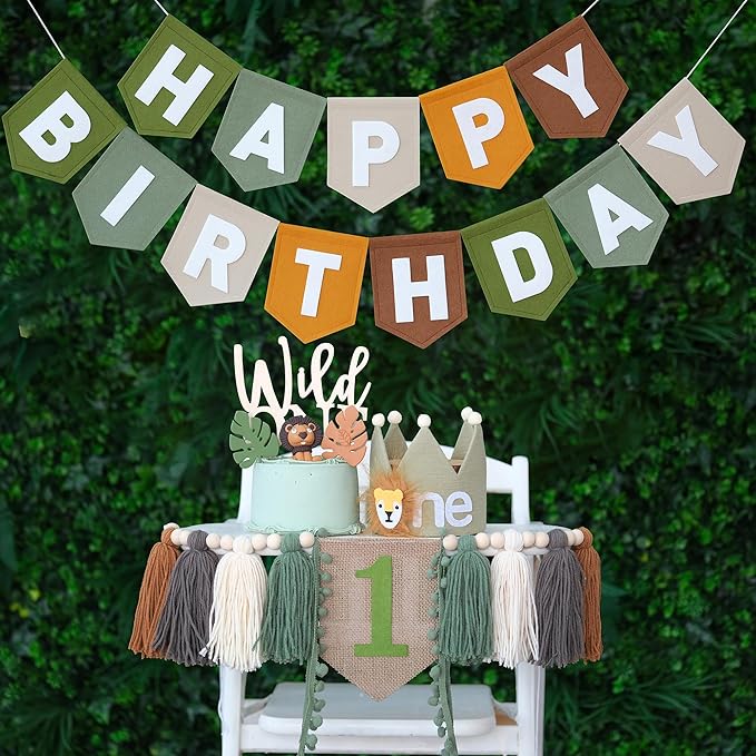 Wild One High Chair Banner Brown Green Felt Happy Birthday Banner