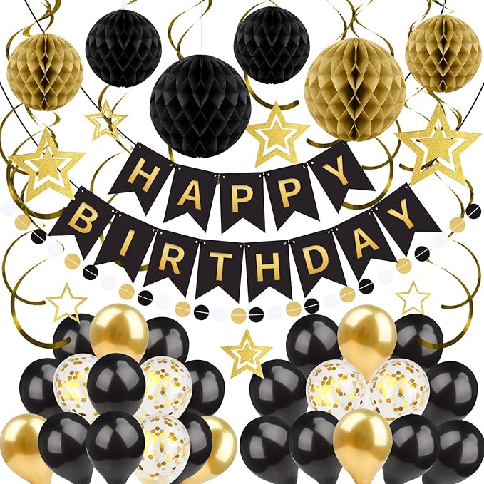 ZERODECO Black Gold Birthday Decorations, Easy to Assemble Happy