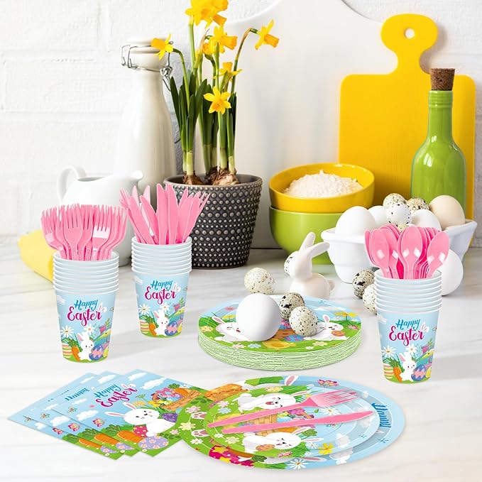 175 Pcs Easter Day Tableware Set Serves 25 Happy Easter Bunny and