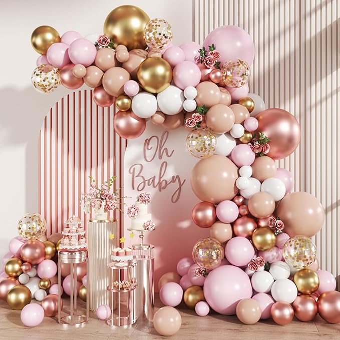 Rose Gold Balloon Arch Kit 147Pcs Metallic Gold White Pastel Nude