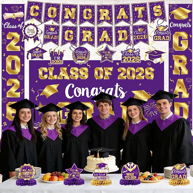 Graduation Decorations Class of 2026 Purple and Gold Graduation