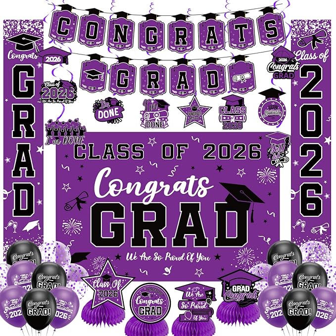 Graduation Decorations 2026 Purple Set, Congrats Grad Decor Set with
