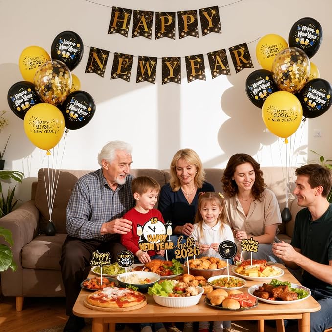 Happy New Year Party Decorations Black & Gold Balloons Happy New