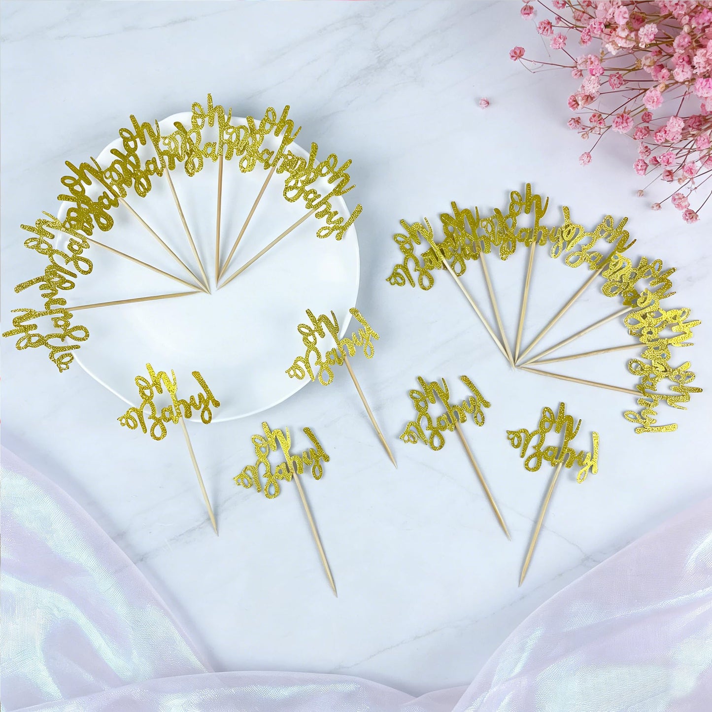 24 Gold Glitter Cake Cupcake Toppers Picks for Wedding Birthday Baby