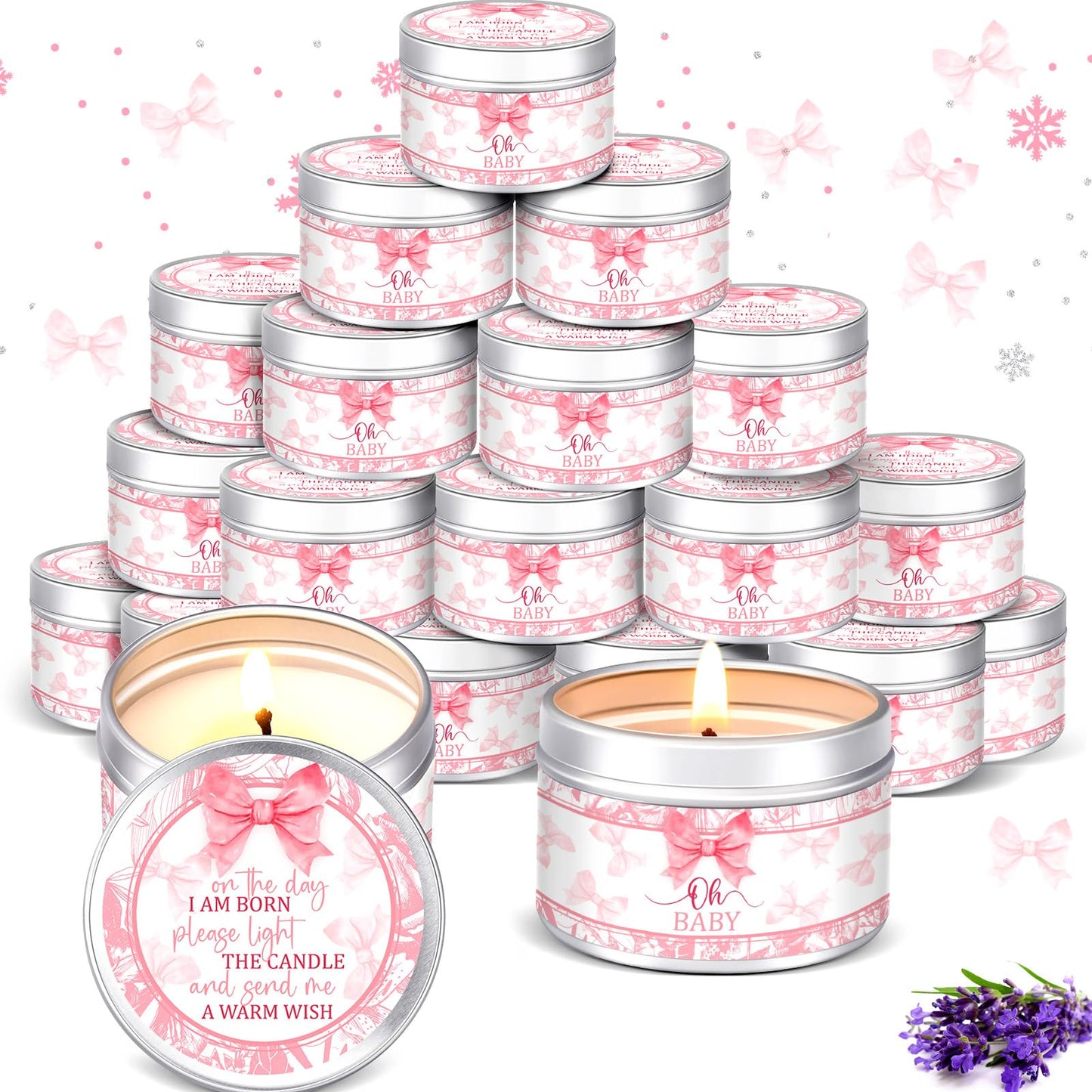 MTLEE 24 Pcs Bow Baby Shower Party Favors Candles Lavender Scented