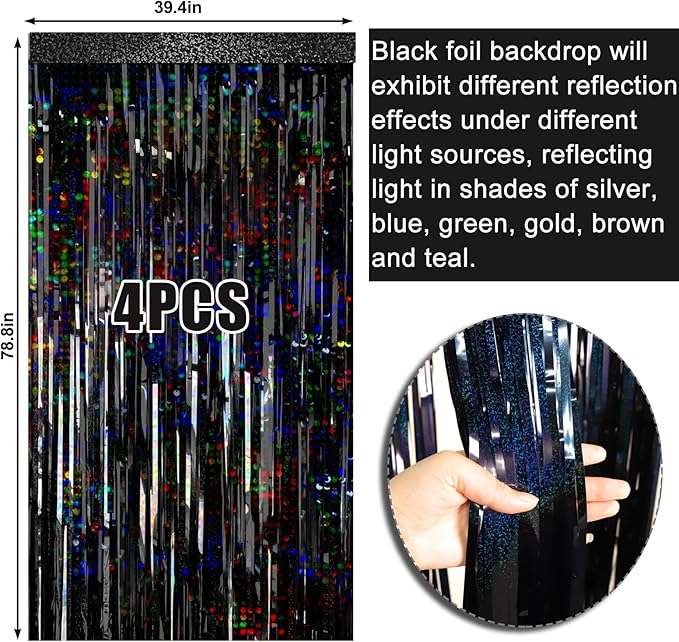 4 Packs Black Foil Fringe Curtain, Glitter Metallic Tinsel Backdrop