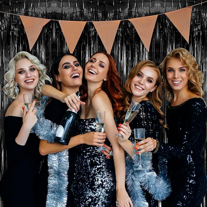 2 Pack Black Party Streamers Backdrop Tinsel Foil Fringe Curtains