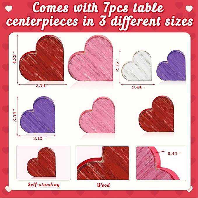 7PCS Valentines Day Wooden Heart Table Centerpiece Decorations,