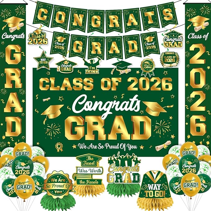 Graduation Decorations 2026 Green and Gold Graduation Party Decor Set