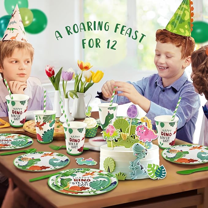 Party Spot! 172 Pcs Dinosaur Birthday Decorations 12 Tableware Sets