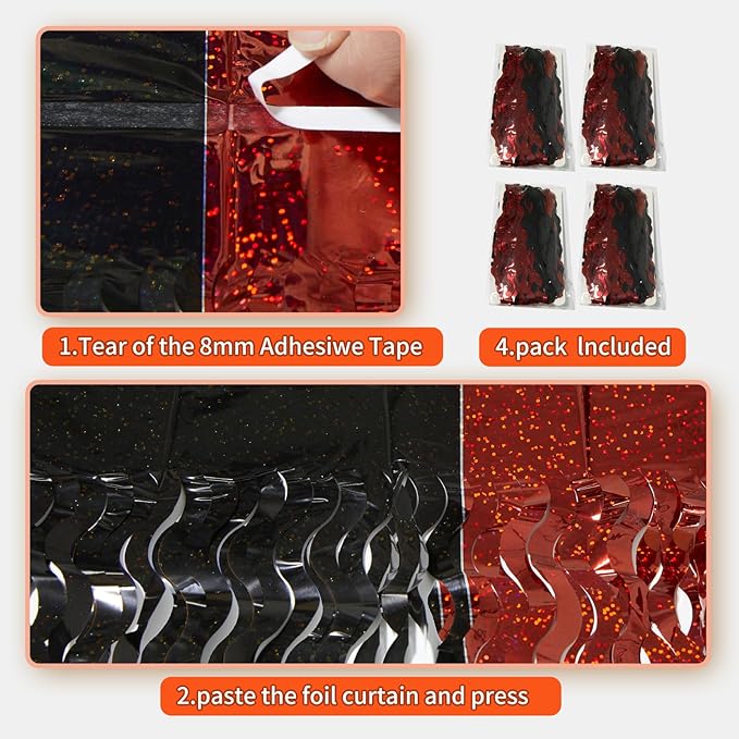 4 Pack Sparkle Red and Black Fringe Curtain - 3.3x6.6 Feet Tinsel