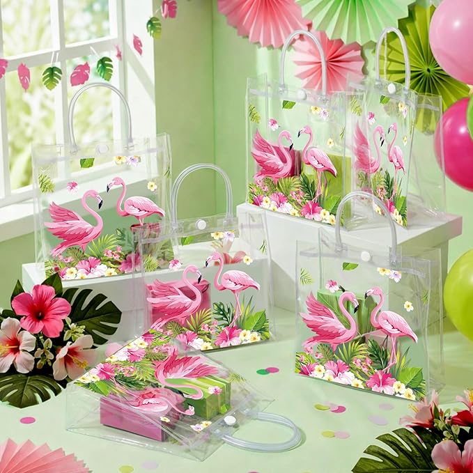 24 Pcs Flamingo Clear PVC Gift Bags with Handles Tropical Party