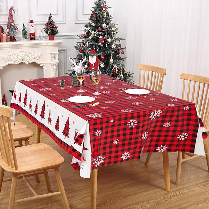3PCS Christmas Tablecloth Red and Black Buffalo Plaid Rectangular