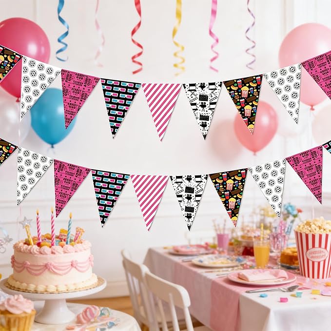 5PCS Pink Movie Night Party Decorations Pennant Banner 49Ft Theater