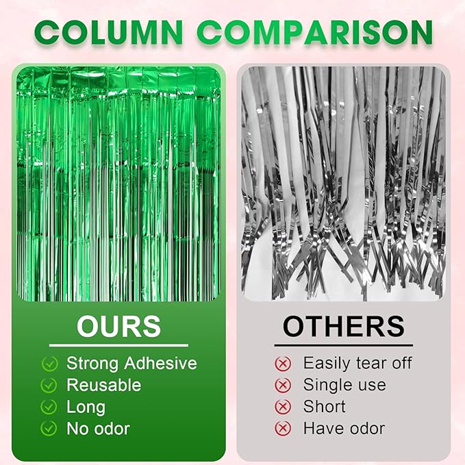 Voircoloria 3 Pack 3.3x8.2 Feet Green Foil Fringe Backdrop Curtains,