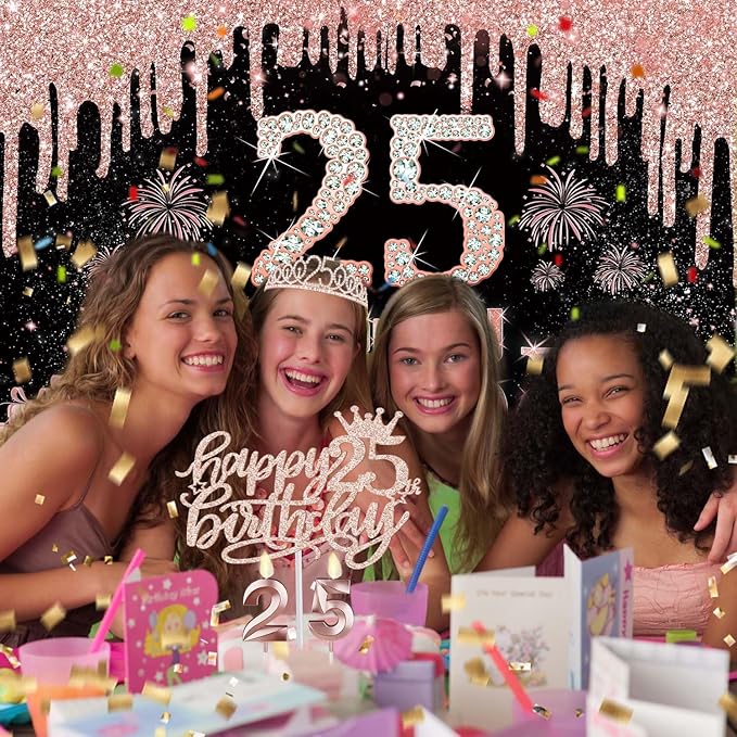 25th Birthday Decorations for Women with Banner Rose Gold Tablecloth