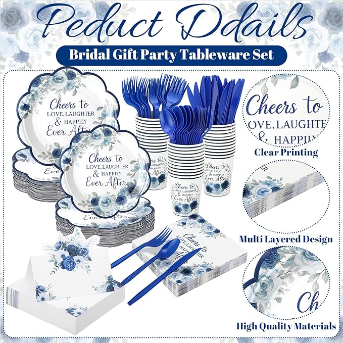 410 Pcs Blue Floral Wedding Decorations Elegant Floral Paper Plates