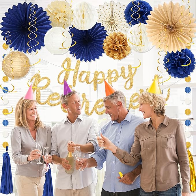 Roetyce Retirement Party Decorations Women Men, Blue Gold Happy