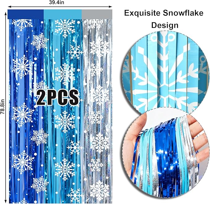 2 Packs Snowflake Foil Fringe Curtain, Blue Silver Ice Glitter