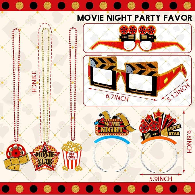 36 Pcs Movie Night Party Decorations 12 Beaded Necklaces 12 Paper