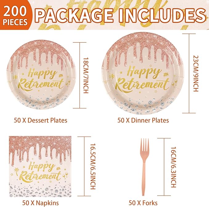 200 Pcs Rose Gold Retirement Party Decorations Pink Happy Retirement