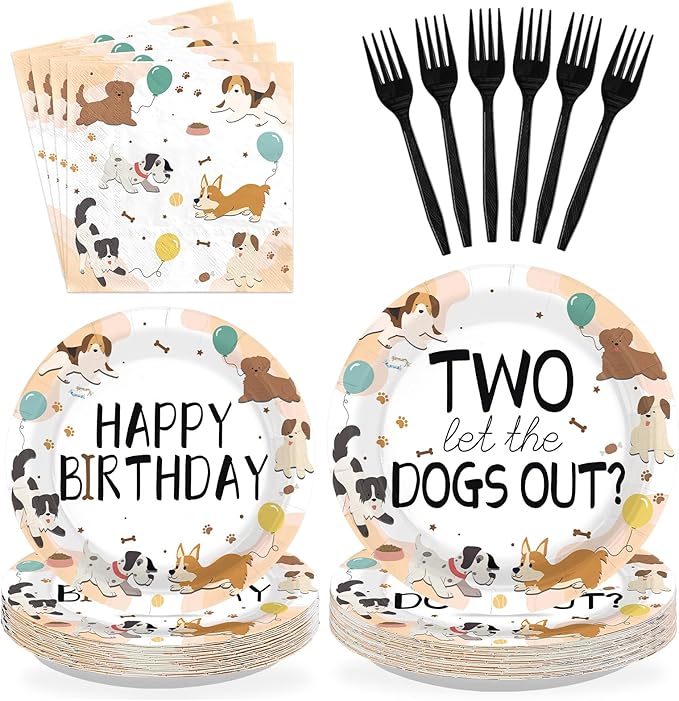 96Pcs Dog Theme 2nd Birthday Party Supplies puppy paw print Plates