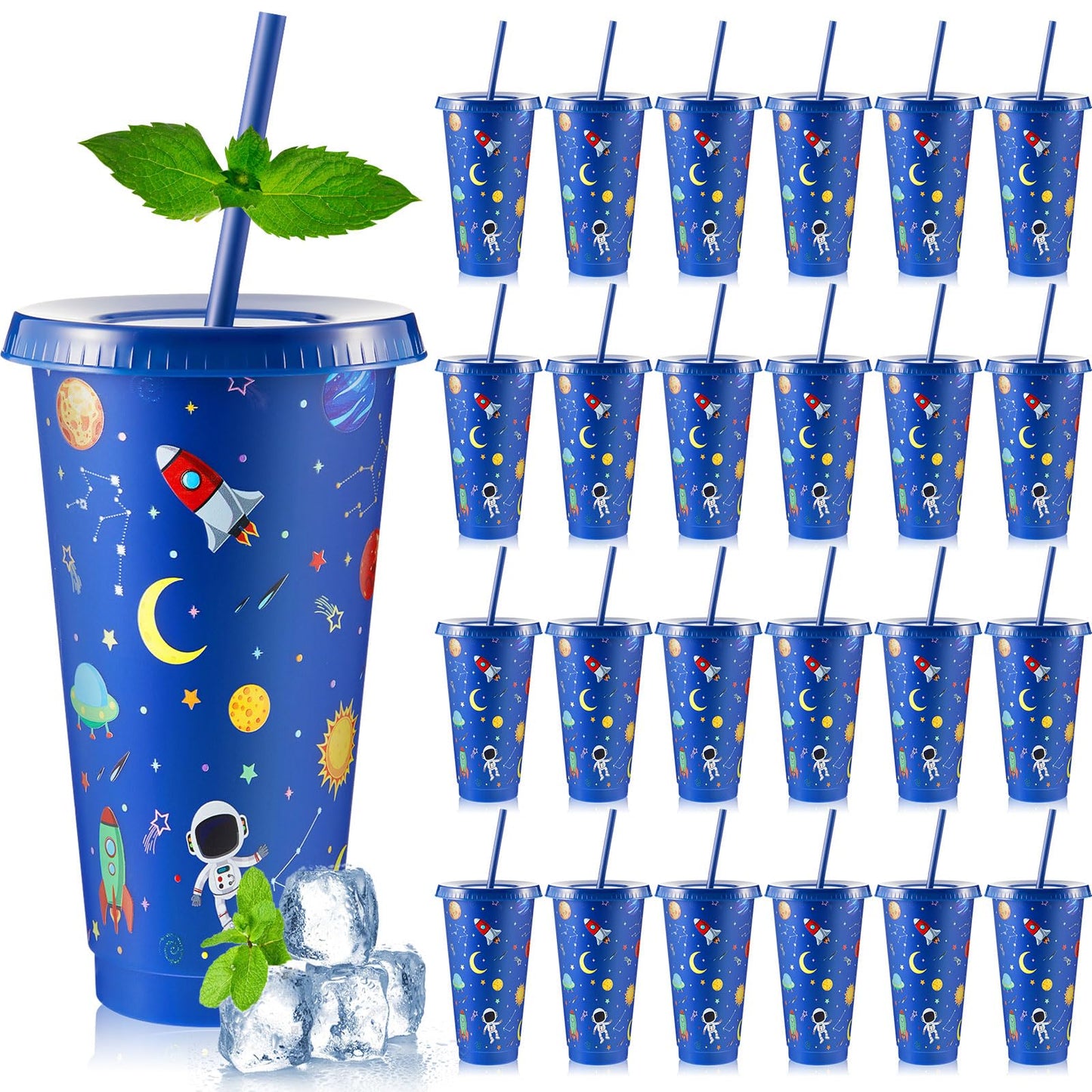 Chuangdi 24 Pcs Space Party Plastic Cups with Lid and Straw 24 oz