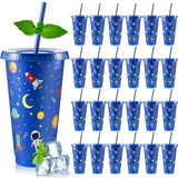 Chuangdi 24 Pcs Space Party Plastic Cups with Lid and Straw 24 oz
