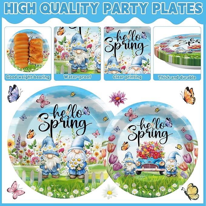 96Pcs Spring Party Supplies Hello Spring Paper Plates and Napkins