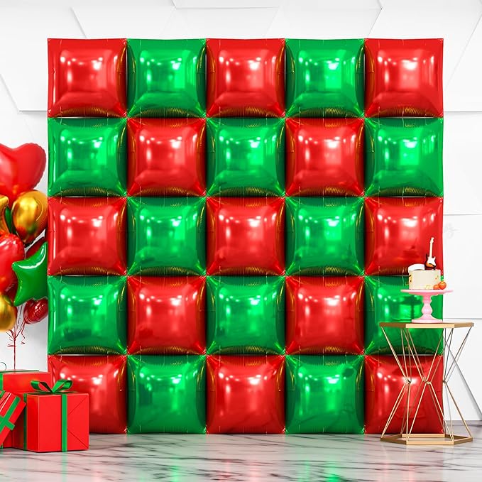 25PCS Christmas Balloons Red Green Square Foil Balloon Wall Backdrop