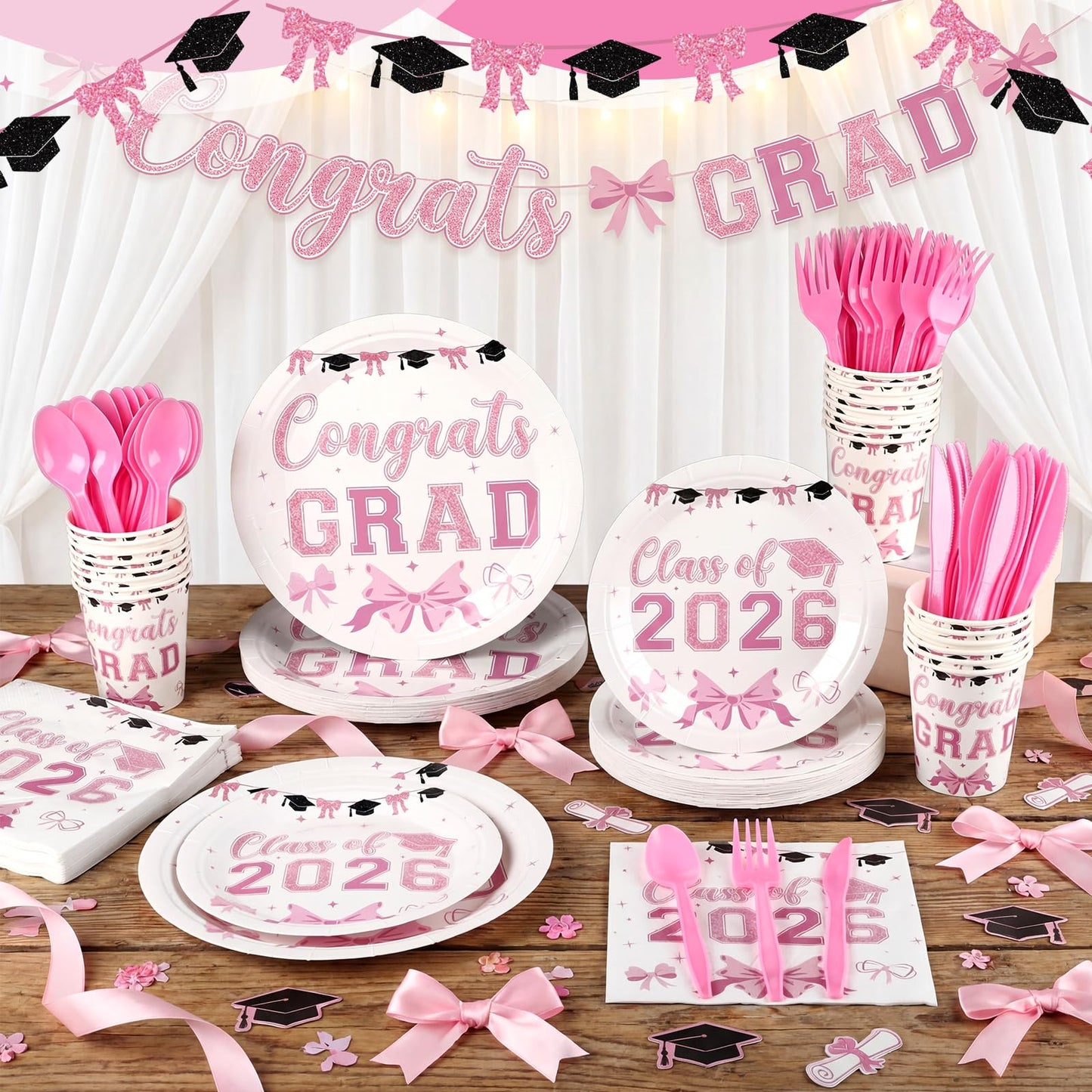 Sunnychicc 168 Pcs Pink Graduation Decorations Pink Bow Class of 2026