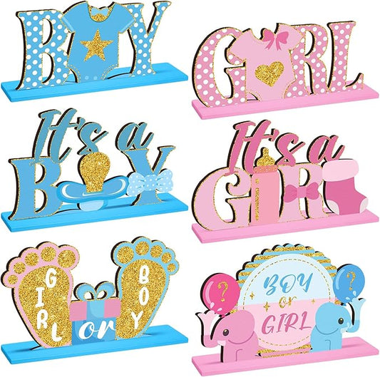 6 Pcs Baby Gender Reveal Table Wooden Decorations Blue and Pink