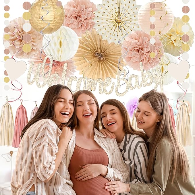 Champagne Gold Boho Baby Shower Party Decoration Welcome Baby Banner