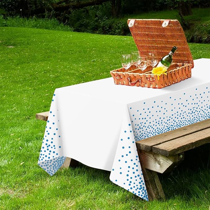QIKSION 6 Pack White and Blue Dot Plastic Tablecloth, Waterproof
