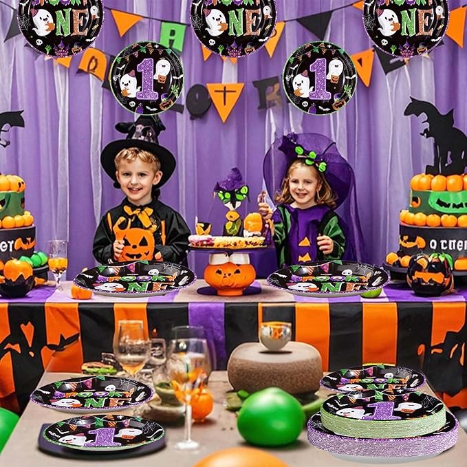 96Pcs Halloween 1st Birthday Party Supplies Spooky One Party Plates