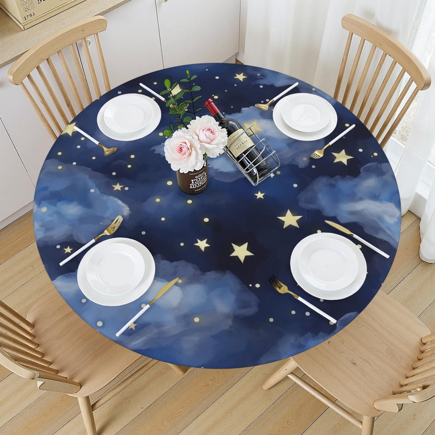Dark Blue Round Tablecloth 48-52 inch, Stars Clouds Fitted Table Cloth