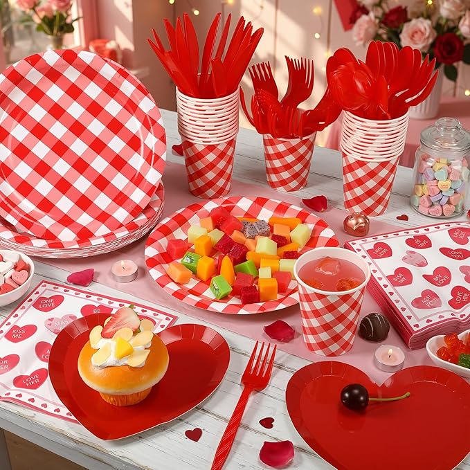 175 Pcs Valentines Party Supplies Set for 25 Guests Red Heart Paper