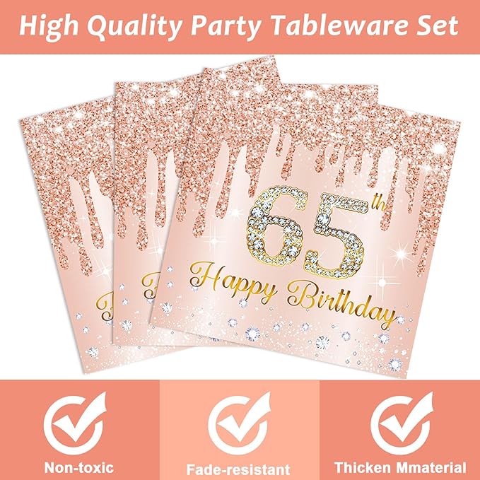 96Pcs 65th Birthday Decorations Pink Rose Gold Paper Plates Napkins