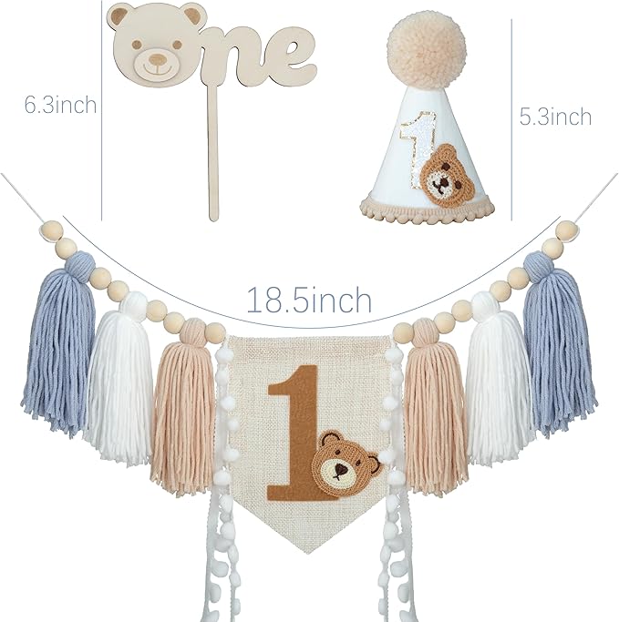 Bear First Birthday Blue High Chair Banner Decorations Baby Boy With