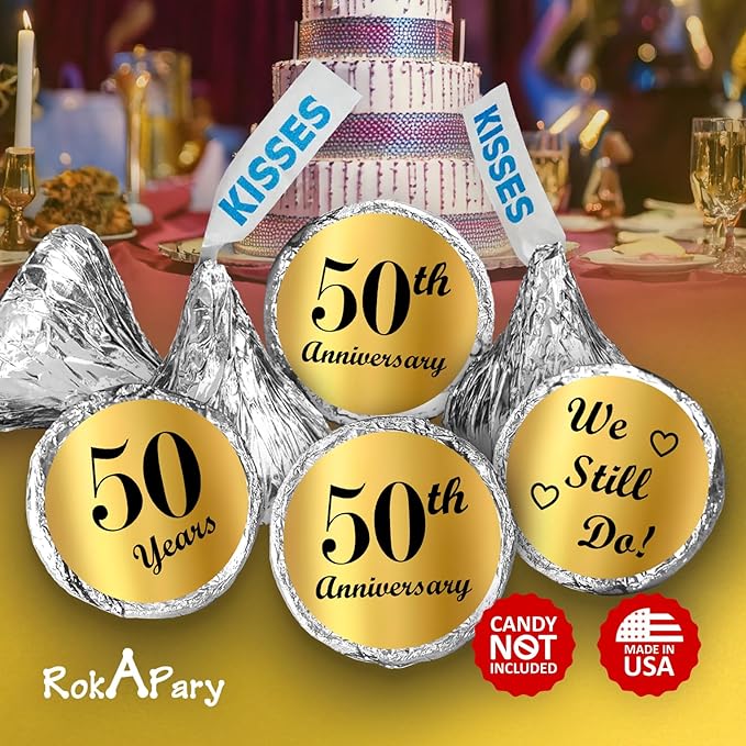 Gold Foil 50th Anniversary Kisses Stickers, (Set of 216) Chocolate